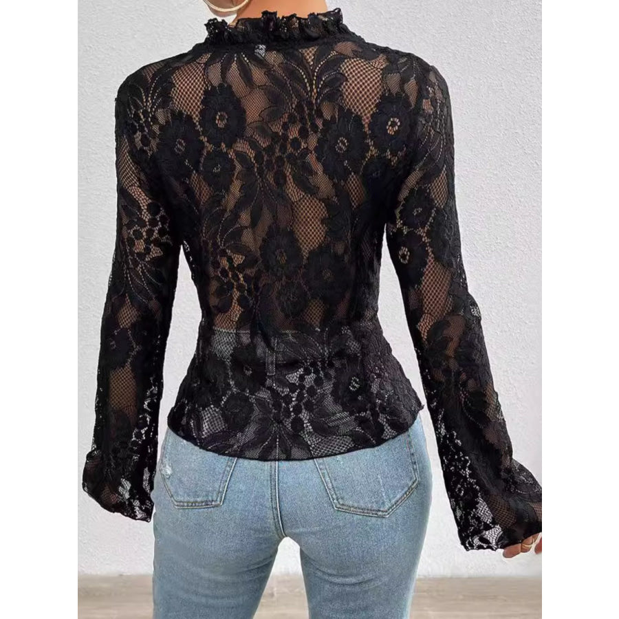 Tied V-Neck Long Sleeve Lace Top Black / S Apparel and Accessories