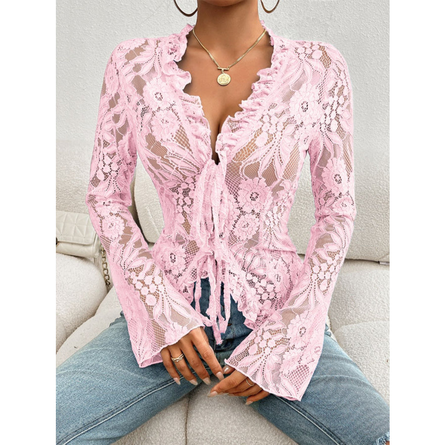 Tied V-Neck Long Sleeve Lace Top Apparel and Accessories