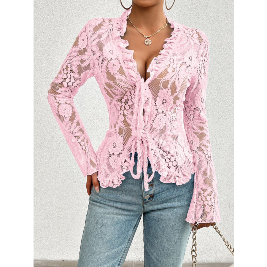 Tied V-Neck Long Sleeve Lace Top Apparel and Accessories