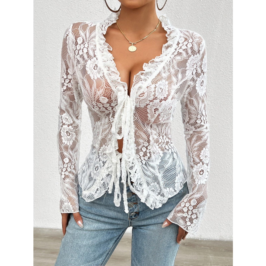 Tied V-Neck Long Sleeve Lace Top Apparel and Accessories