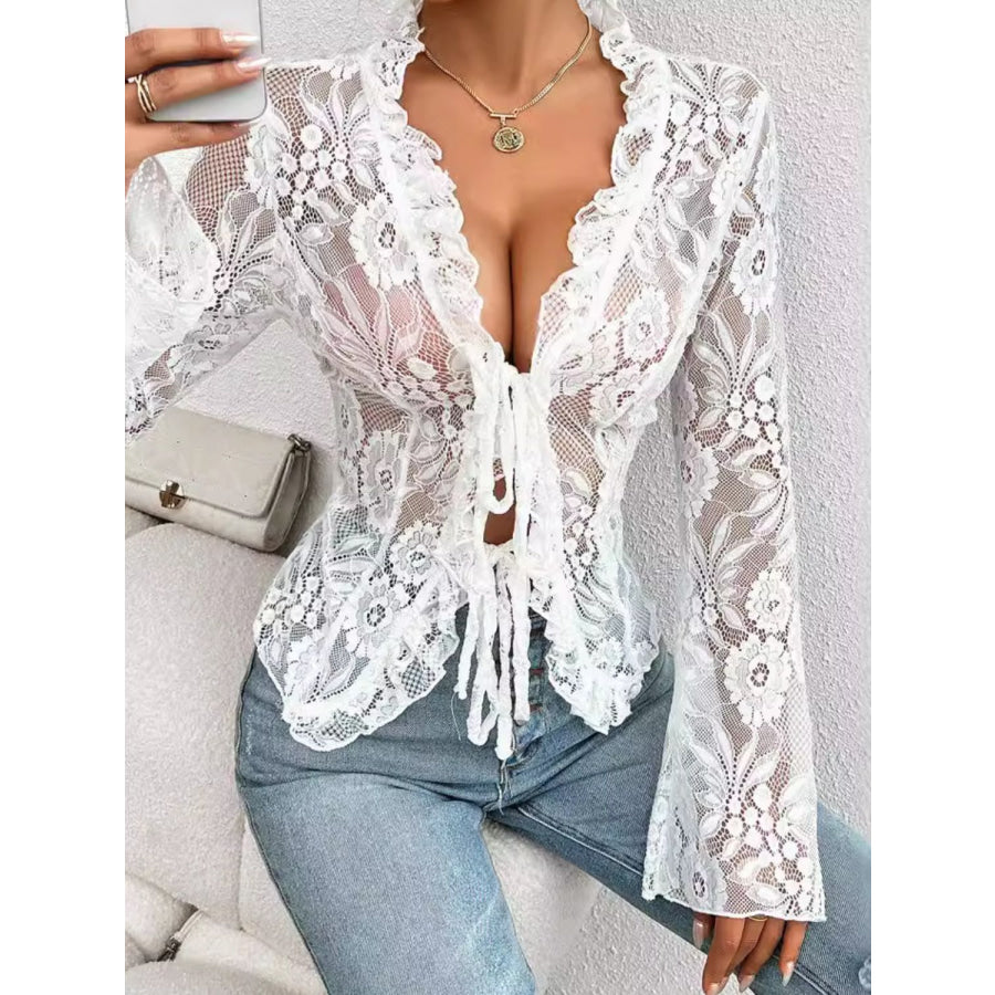 Tied V-Neck Long Sleeve Lace Top Apparel and Accessories