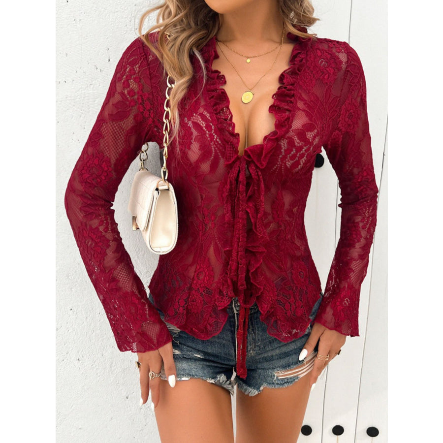 Tied V-Neck Long Sleeve Lace Top Apparel and Accessories