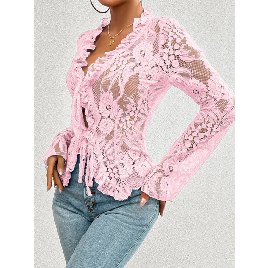 Tied V-Neck Long Sleeve Lace Top Apparel and Accessories