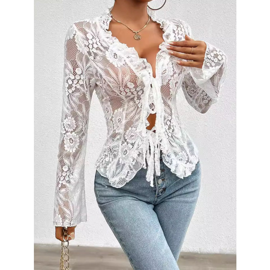 Tied V-Neck Long Sleeve Lace Top Apparel and Accessories