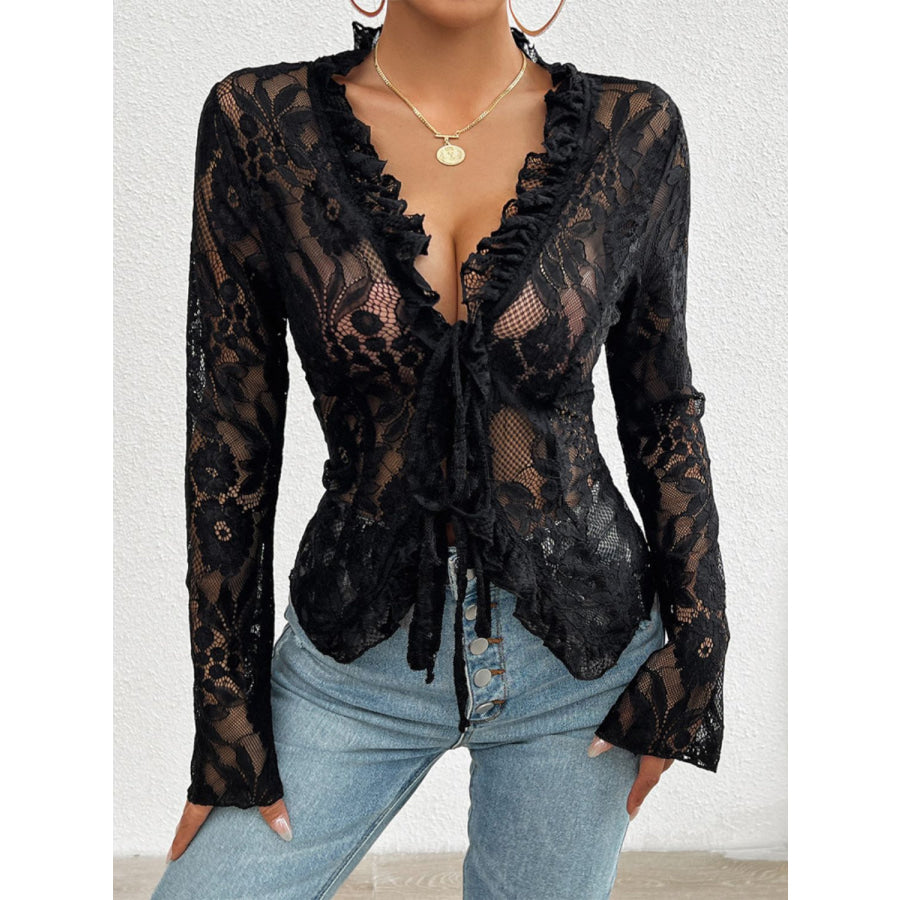 Tied V-Neck Long Sleeve Lace Top Apparel and Accessories