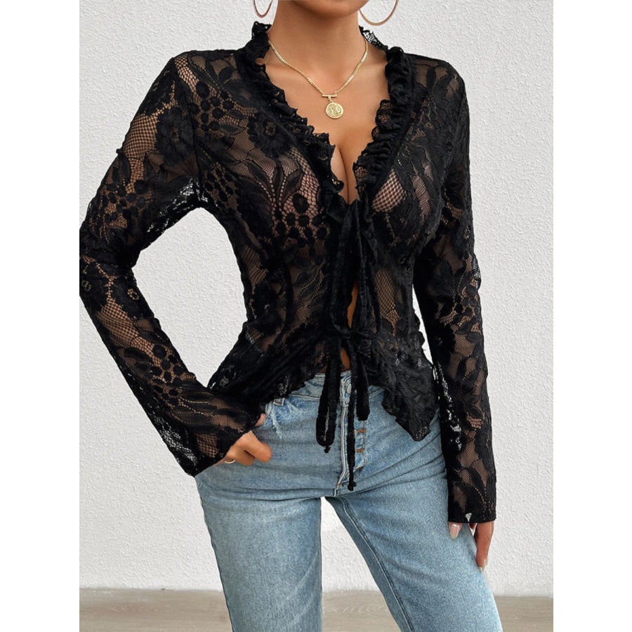 Tied V-Neck Long Sleeve Lace Top Black / S Apparel and Accessories