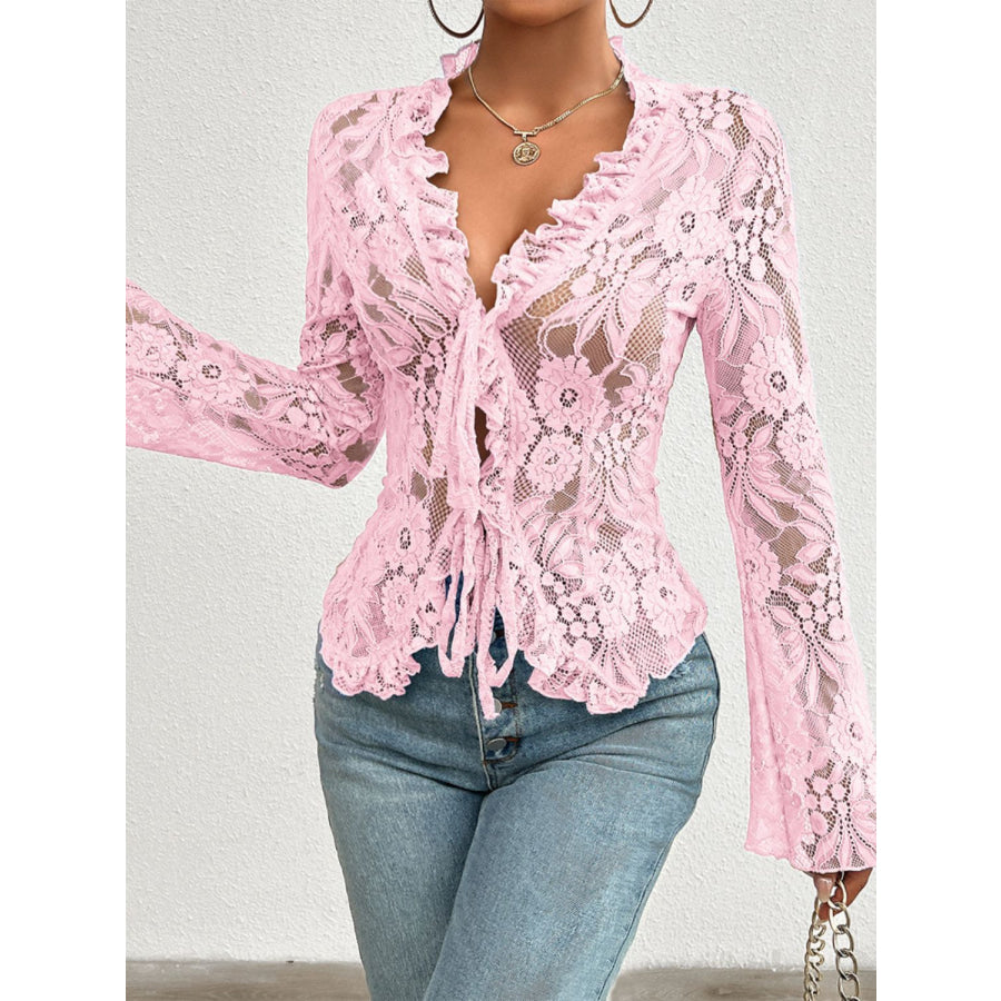 Tied V-Neck Long Sleeve Lace Top Blush Pink / S Apparel and Accessories