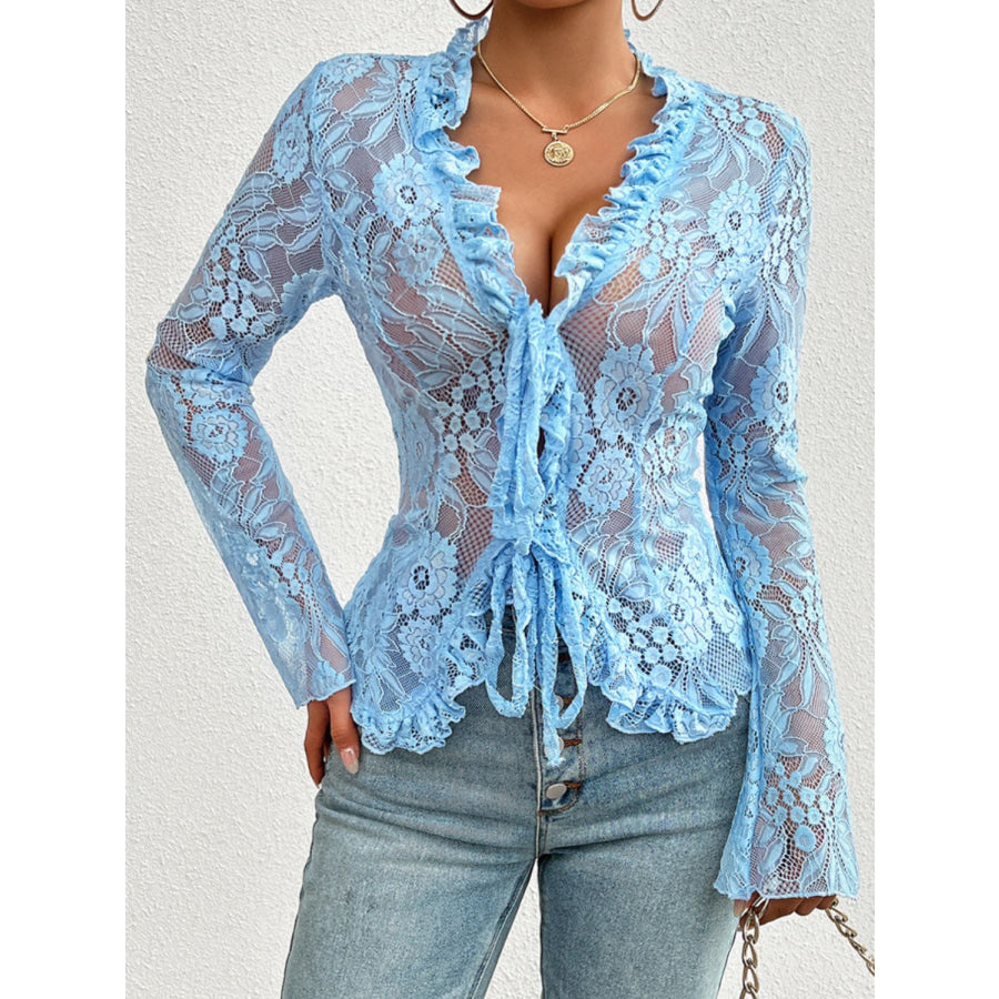 Tied V-Neck Long Sleeve Lace Top Light Blue / S Apparel and Accessories