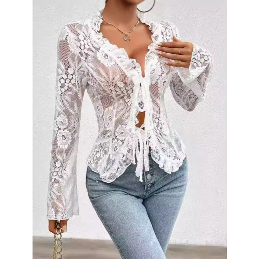 Tied V-Neck Long Sleeve Lace Top White / S Apparel and Accessories