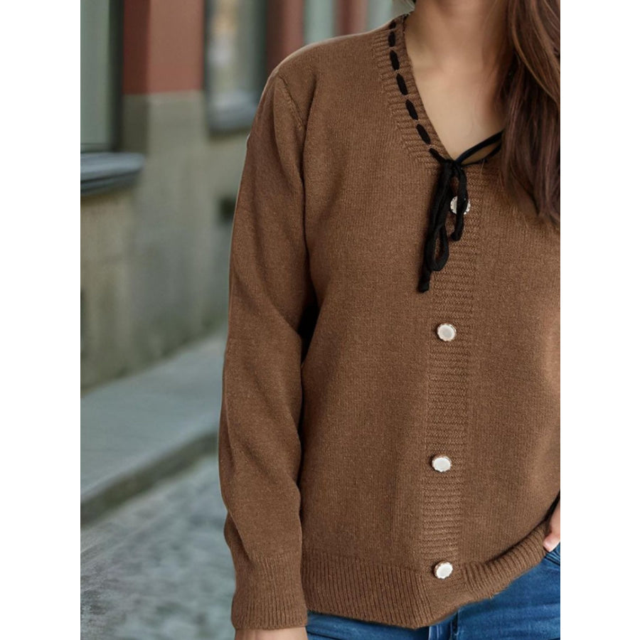 Tied V-Neck Long Sleeve Sweater Apparel and Accessories