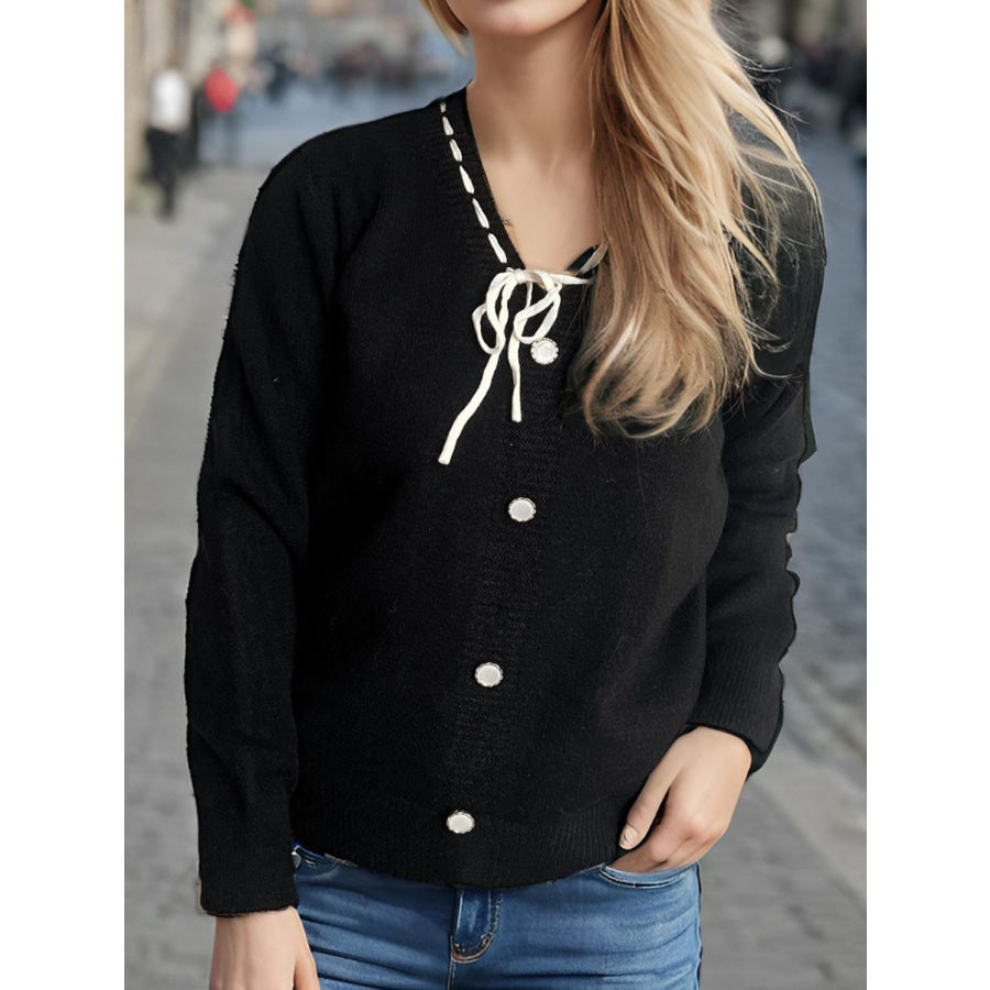 Tied V-Neck Long Sleeve Sweater Apparel and Accessories