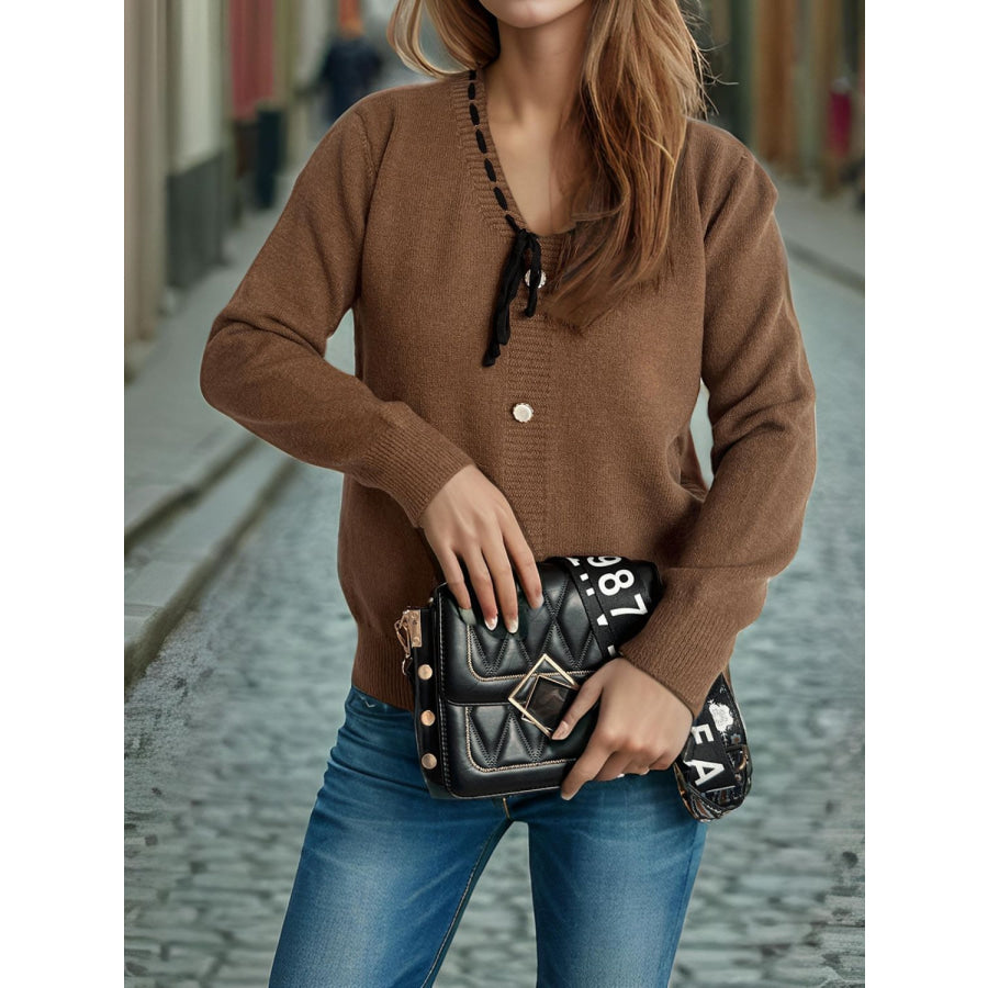 Tied V-Neck Long Sleeve Sweater Apparel and Accessories