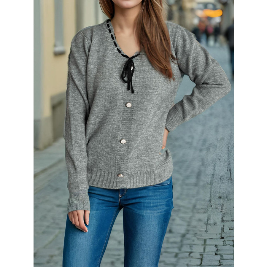 Tied V-Neck Long Sleeve Sweater Apparel and Accessories