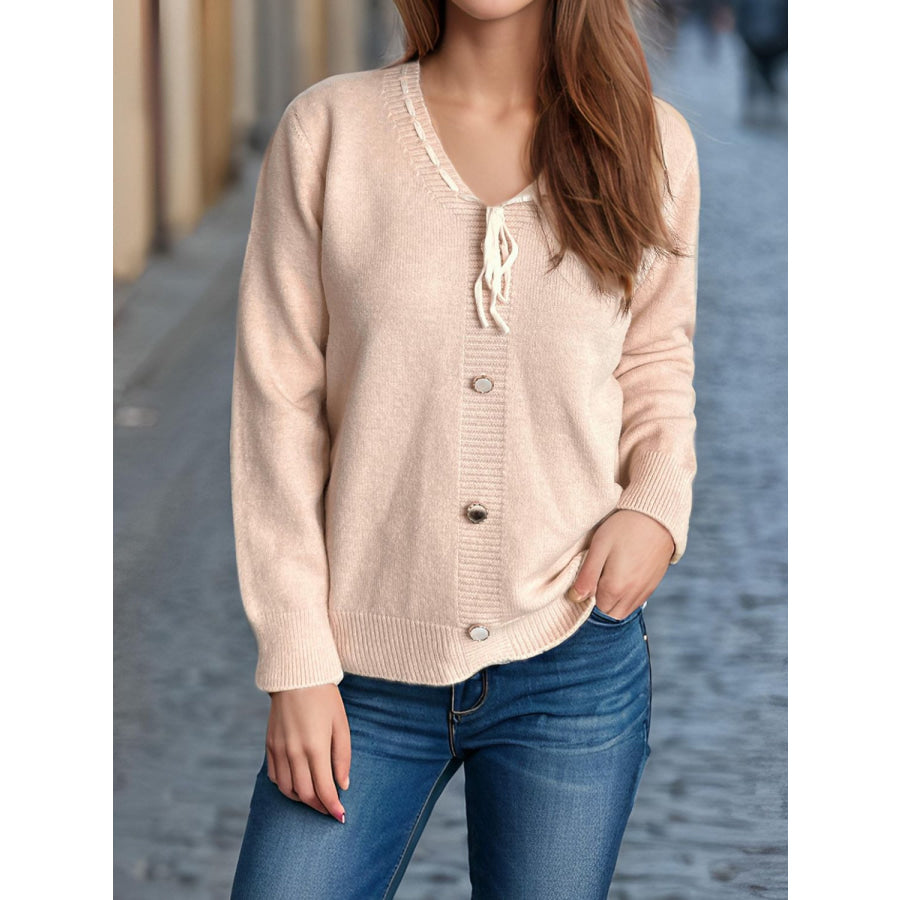 Tied V-Neck Long Sleeve Sweater Apparel and Accessories