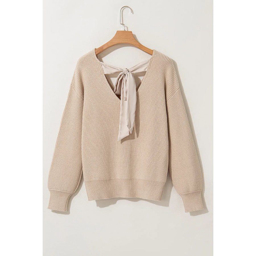 Tied V-Neck Long Sleeve Sweater Apparel and Accessories