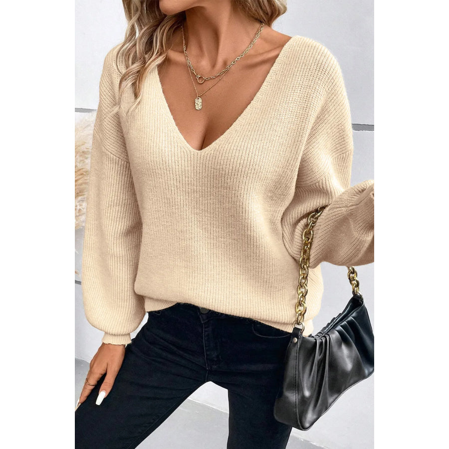 Tied V-Neck Long Sleeve Sweater Tan / S Apparel and Accessories