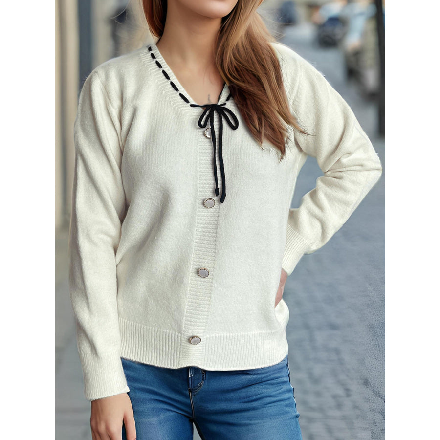 Tied V-Neck Long Sleeve Sweater Apparel and Accessories