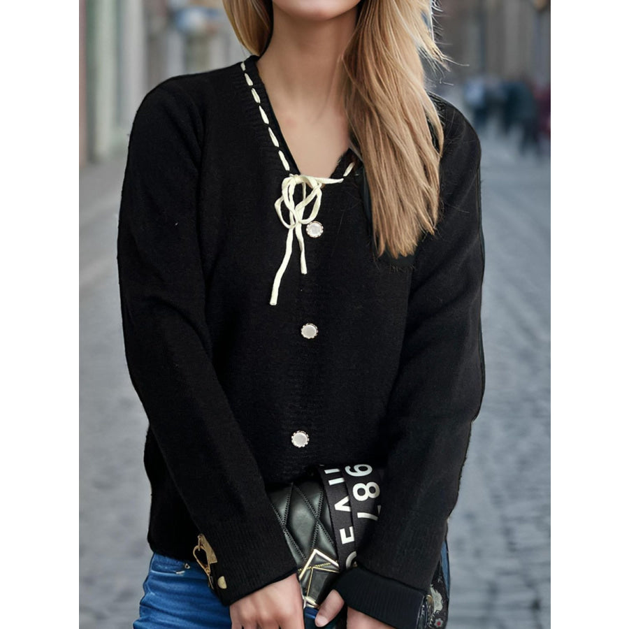 Tied V-Neck Long Sleeve Sweater Apparel and Accessories