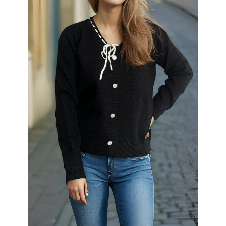 Tied V-Neck Long Sleeve Sweater Black / One Size Apparel and Accessories