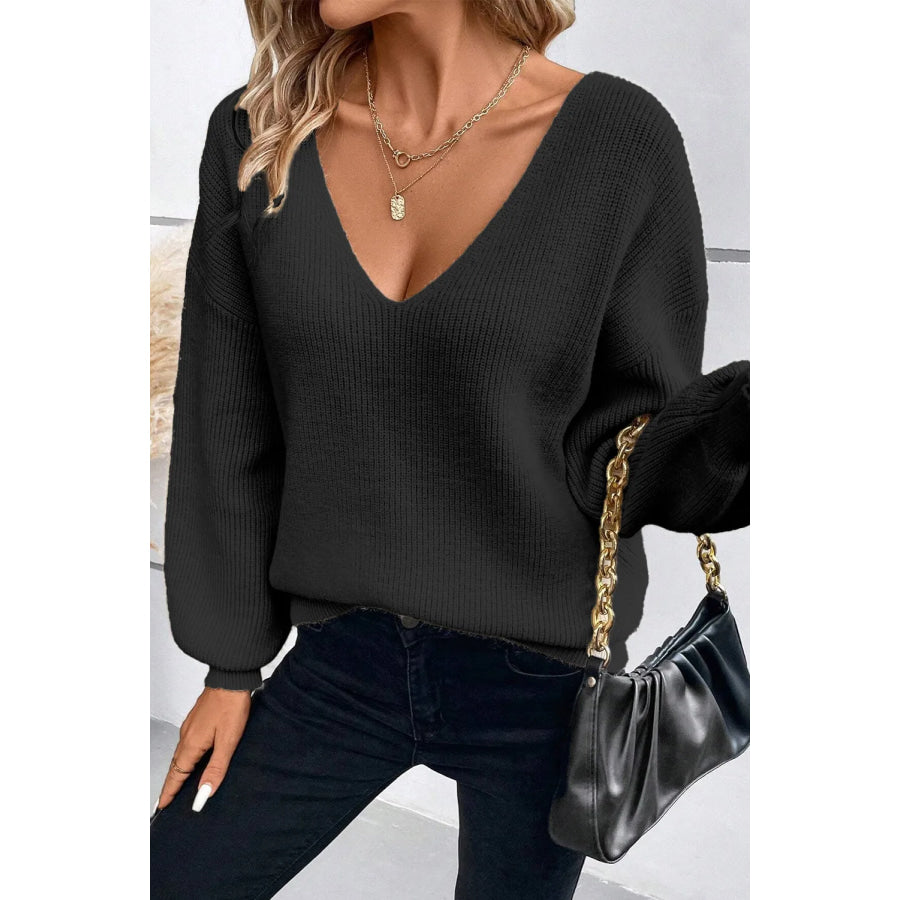 Tied V-Neck Long Sleeve Sweater Black / S Apparel and Accessories