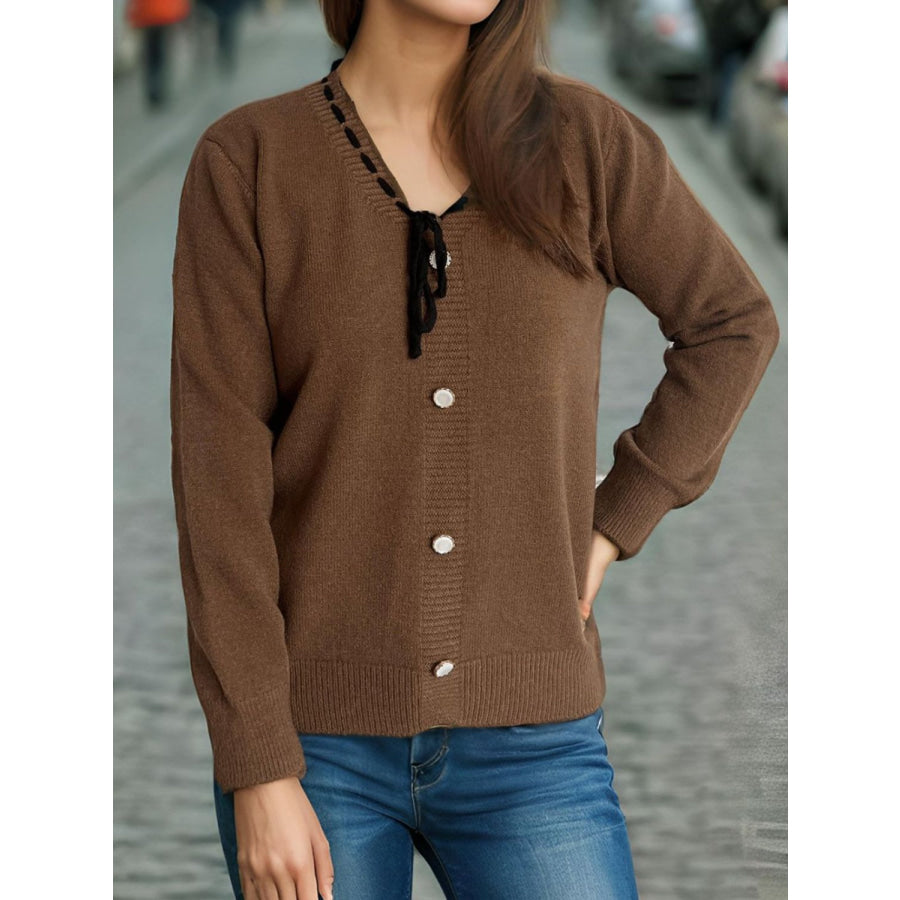 Tied V-Neck Long Sleeve Sweater Brown / One Size Apparel and Accessories