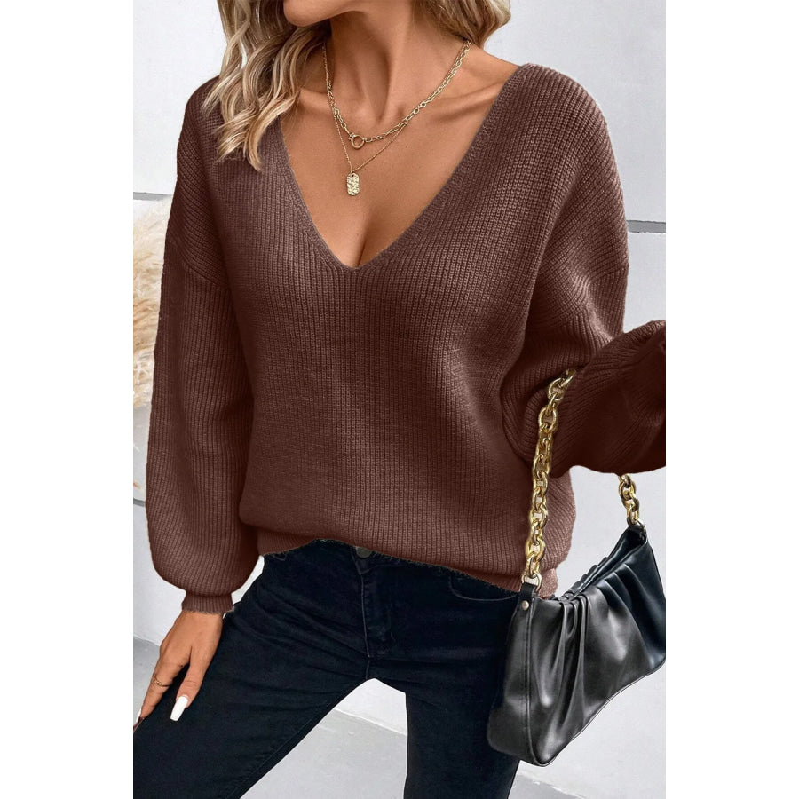 Tied V-Neck Long Sleeve Sweater Dark Brown / L Apparel and Accessories