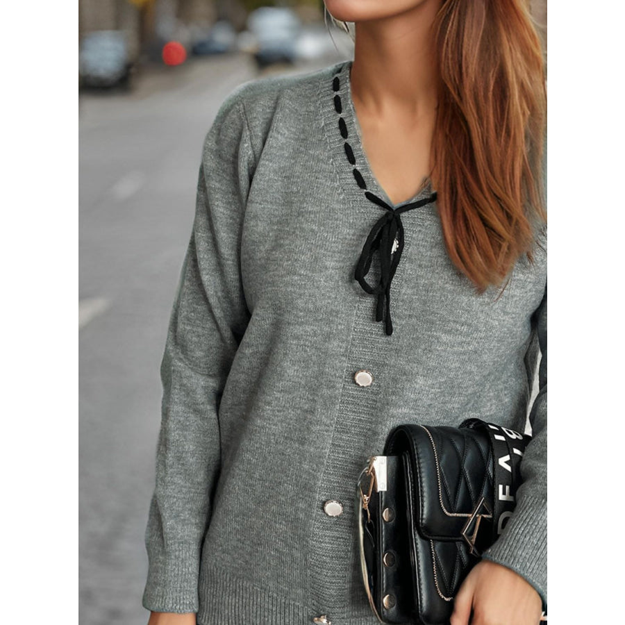 Tied V-Neck Long Sleeve Sweater Gray / One Size Apparel and Accessories