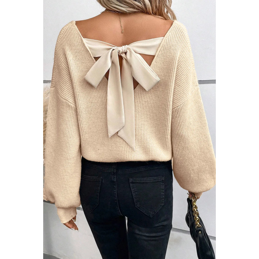 Tied V-Neck Long Sleeve Sweater Tan / S Apparel and Accessories