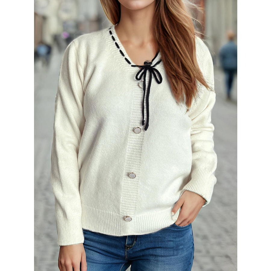 Tied V-Neck Long Sleeve Sweater White / One Size Apparel and Accessories