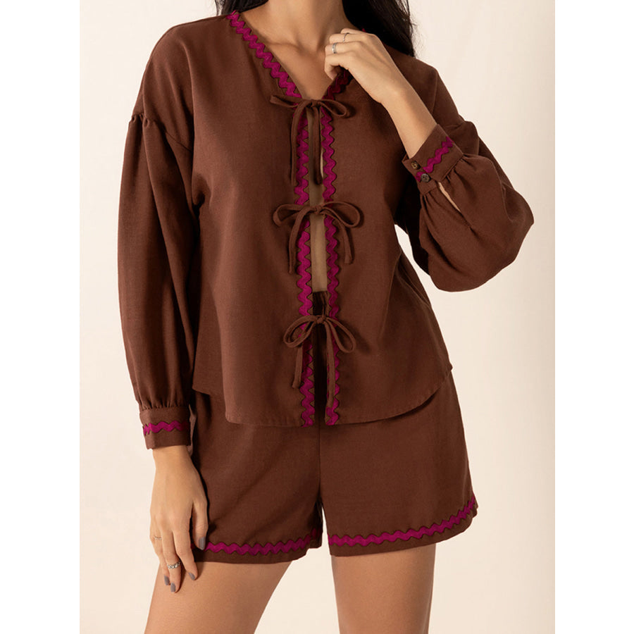 Tied V-Neck Long Sleeve Top and Shorts Set Apparel and Accessories