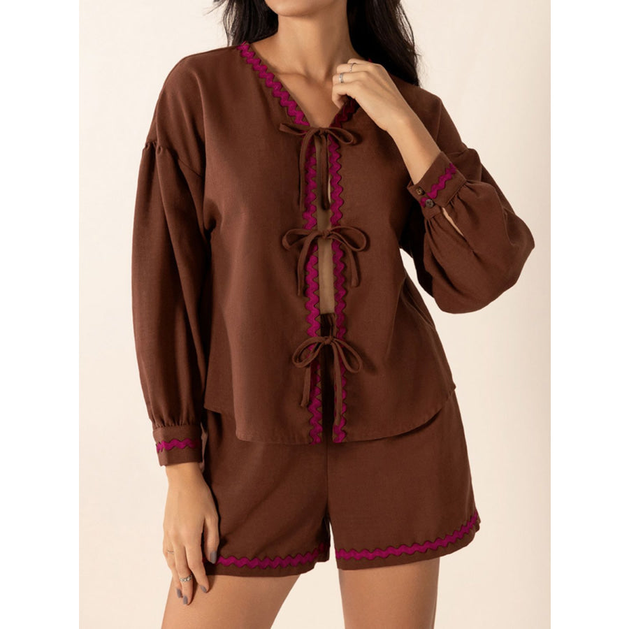 Tied V-Neck Long Sleeve Top and Shorts Set Apparel and Accessories