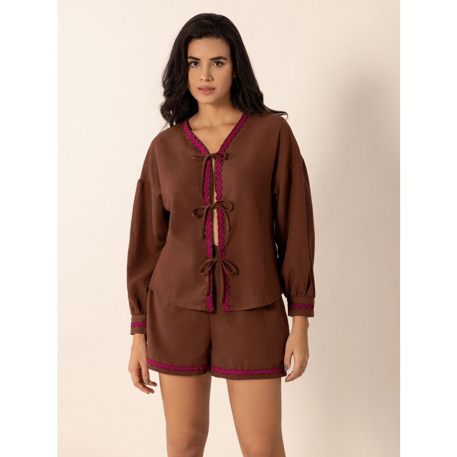 Tied V-Neck Long Sleeve Top and Shorts Set Apparel and Accessories