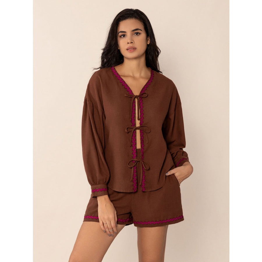 Tied V-Neck Long Sleeve Top and Shorts Set Apparel and Accessories