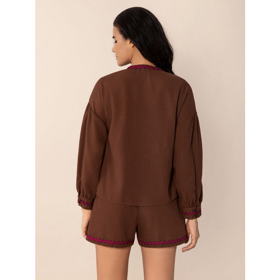 Tied V-Neck Long Sleeve Top and Shorts Set Brown / S Apparel and Accessories