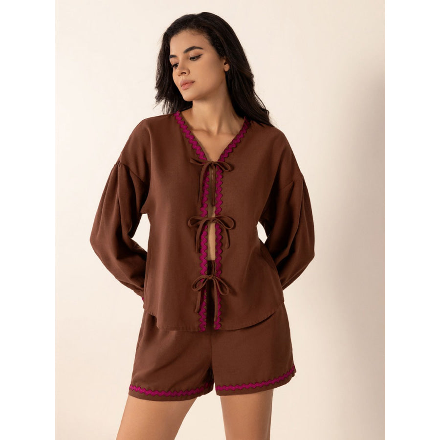 Tied V-Neck Long Sleeve Top and Shorts Set Brown / S Apparel and Accessories