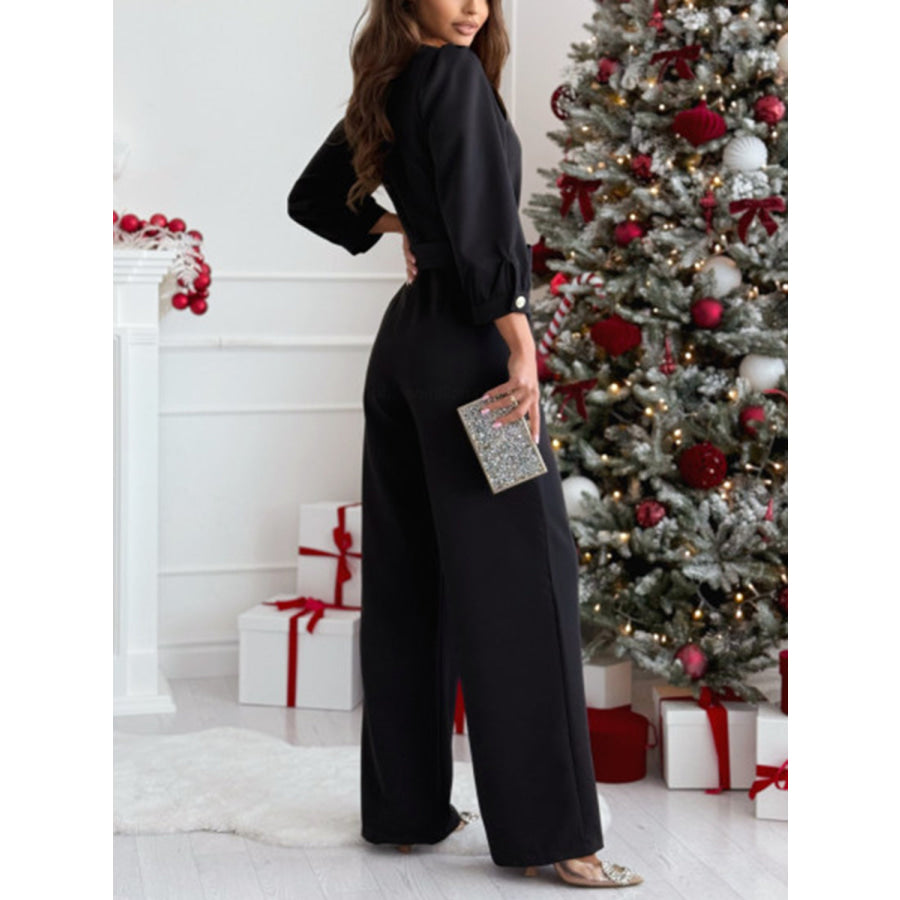 Tied V-Neck Long Sleeve Wide Leg Jumpsuit Apparel and Accessories