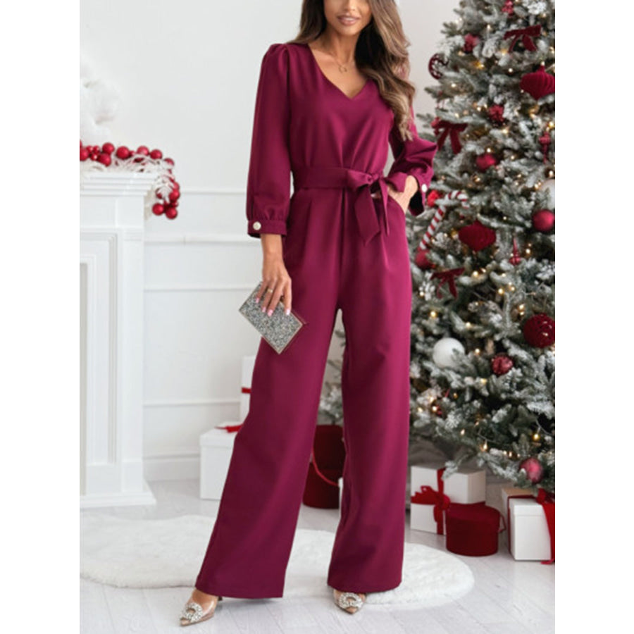 Tied V-Neck Long Sleeve Wide Leg Jumpsuit Burgundy / S Apparel and Accessories