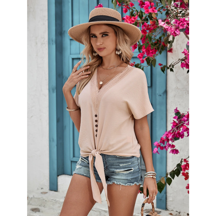 Tied V - Neck Short Sleeve Blouse Apparel and Accessories