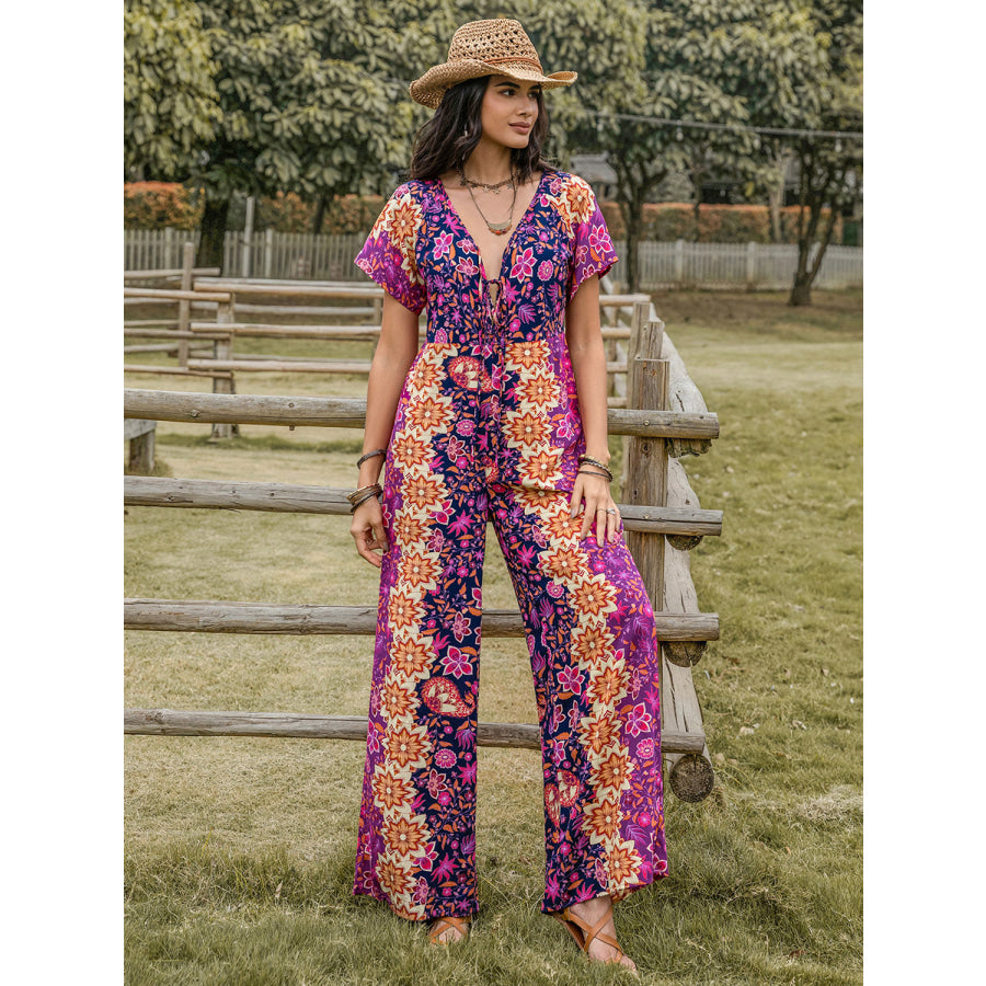 Tied V-Neck Short Sleeve Jumpsuit Apparel and Accessories