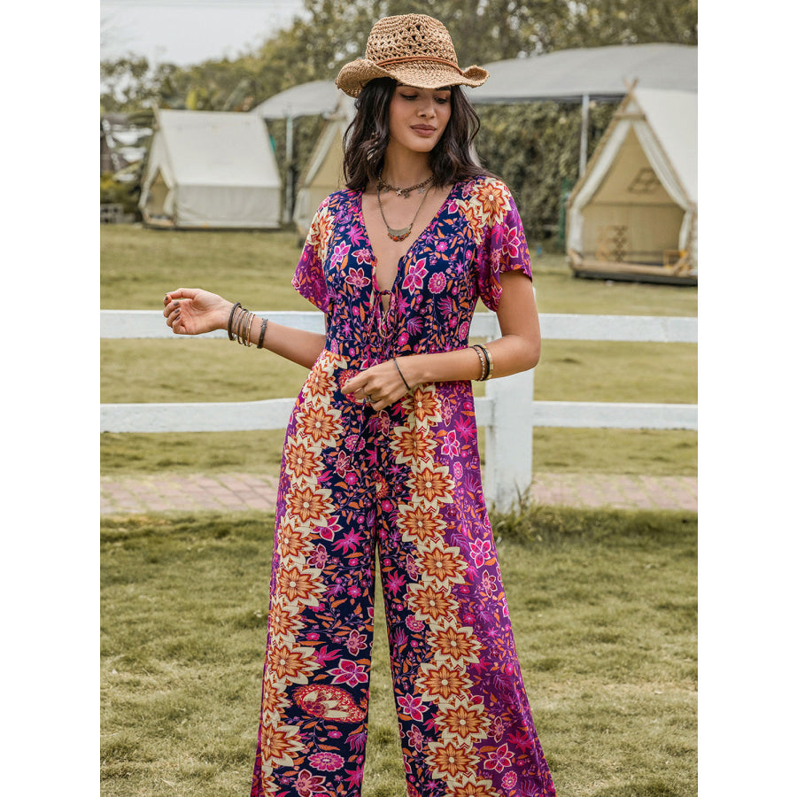 Tied V-Neck Short Sleeve Jumpsuit Apparel and Accessories