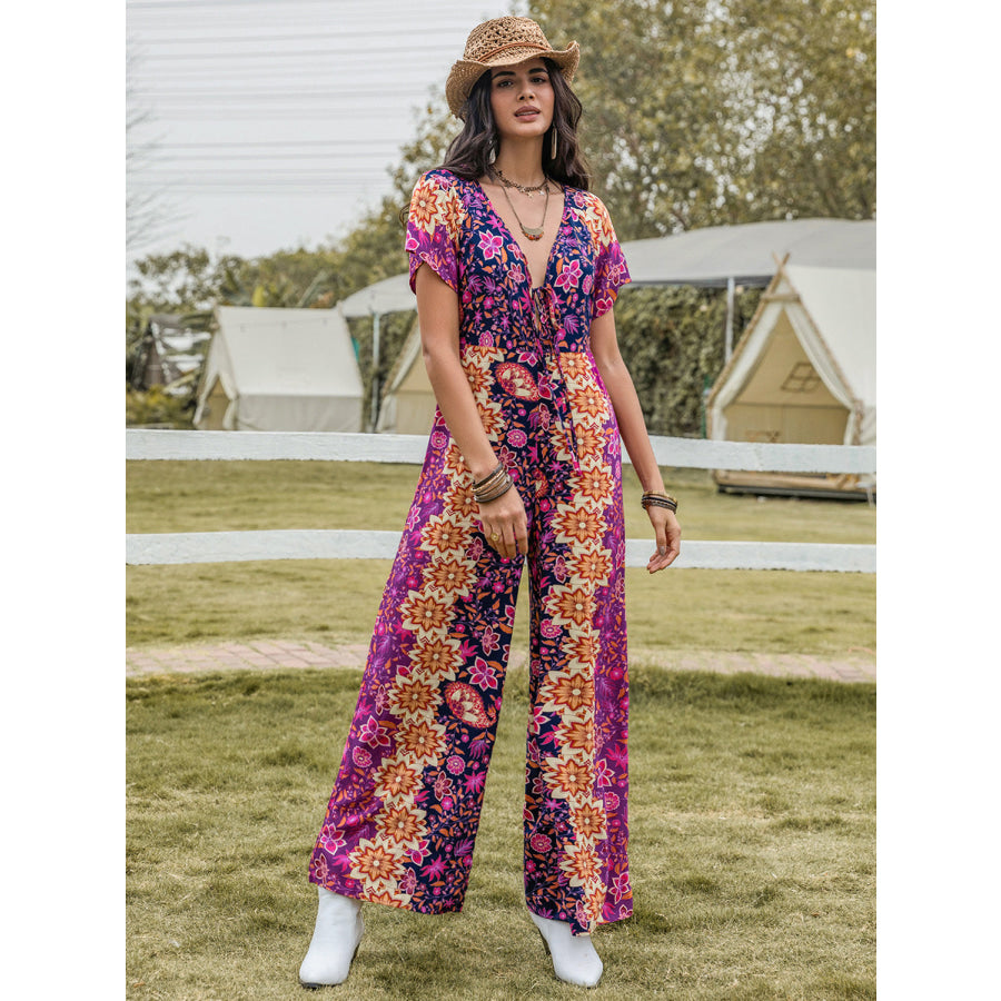 Tied V-Neck Short Sleeve Jumpsuit Apparel and Accessories