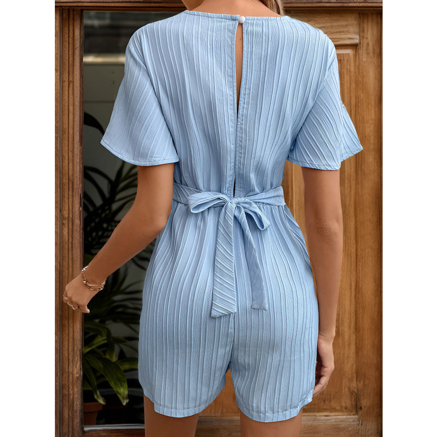 Tied V-Neck Short Sleeve Romper Light Blue / S Apparel and Accessories