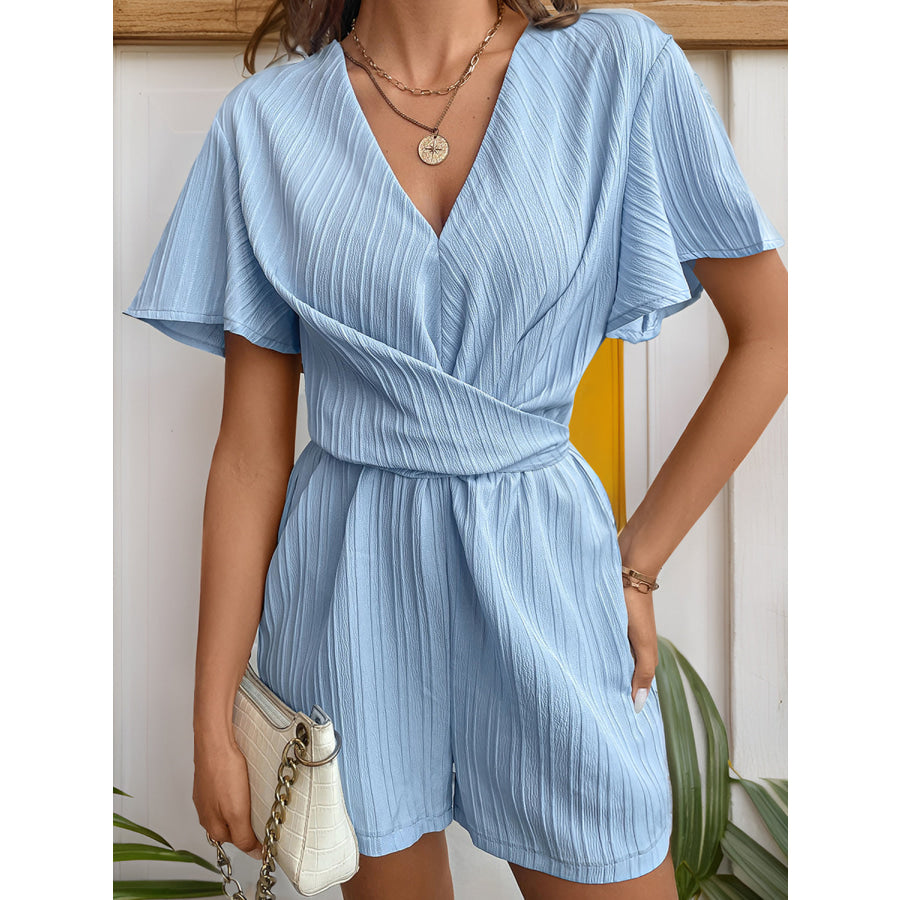 Tied V-Neck Short Sleeve Romper Light Blue / S Apparel and Accessories