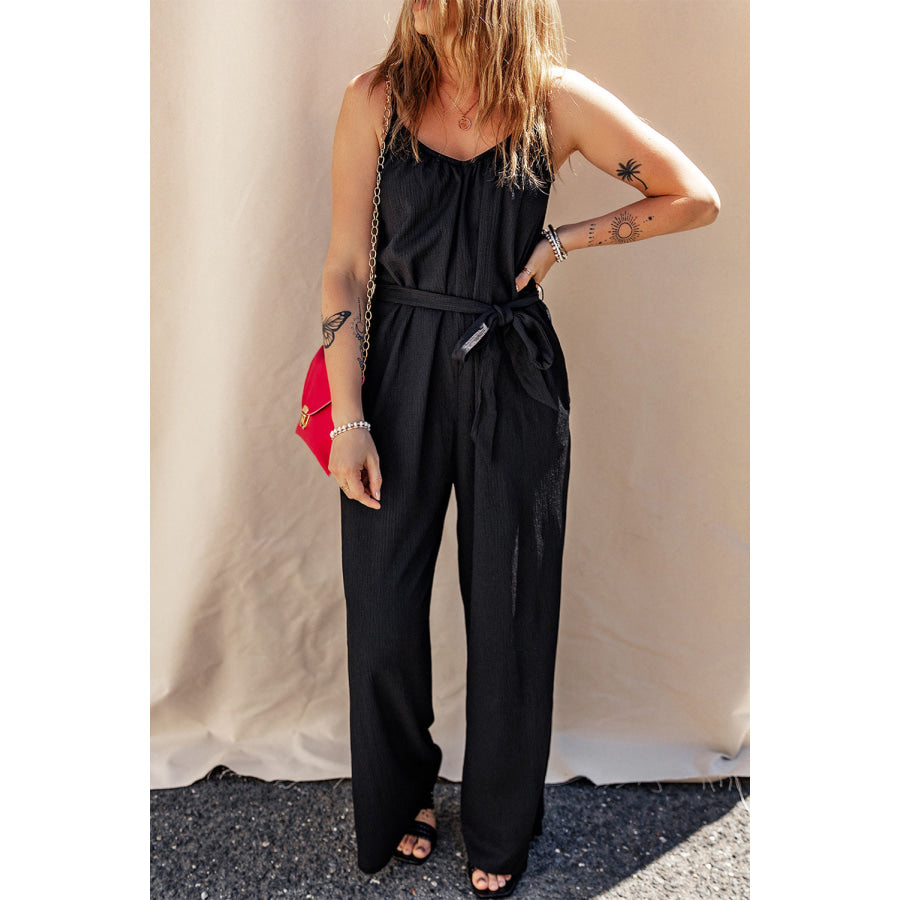 Tied V - Neck Spaghetti Strap Jumpsuit Black / S Apparel and Accessories