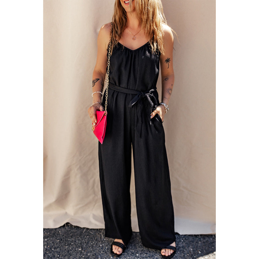 Tied V - Neck Spaghetti Strap Jumpsuit Black / S Apparel and Accessories