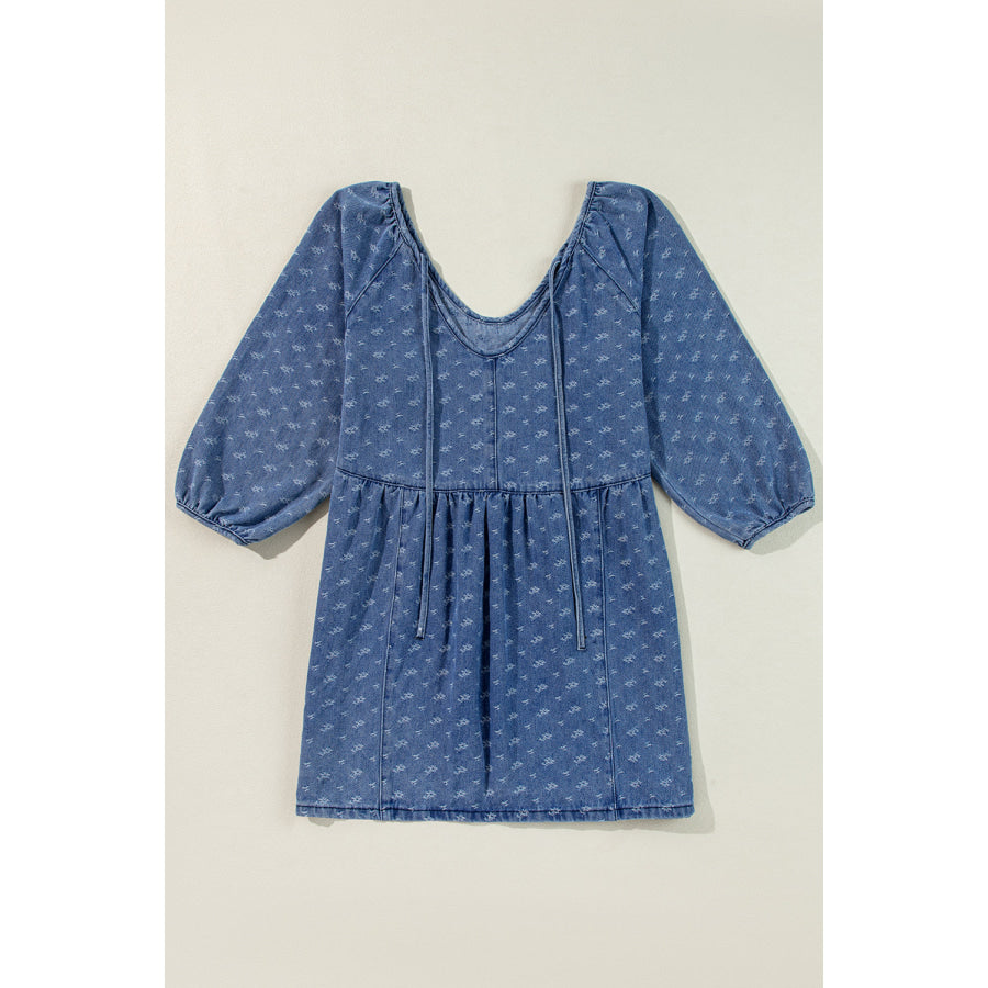 Tied V-Neck Three-Quarter Sleeve Denim Dress Apparel and Accessories