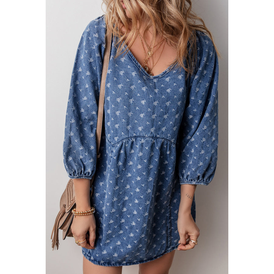 Tied V-Neck Three-Quarter Sleeve Denim Dress Apparel and Accessories