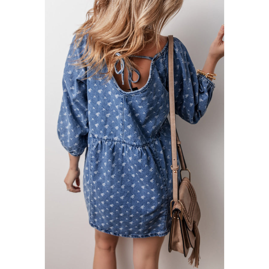 Tied V-Neck Three-Quarter Sleeve Denim Dress Apparel and Accessories