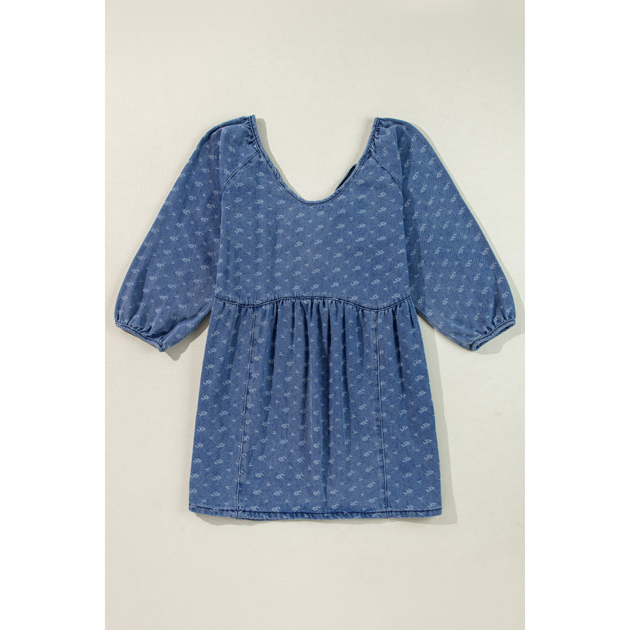 Tied V-Neck Three-Quarter Sleeve Denim Dress Apparel and Accessories