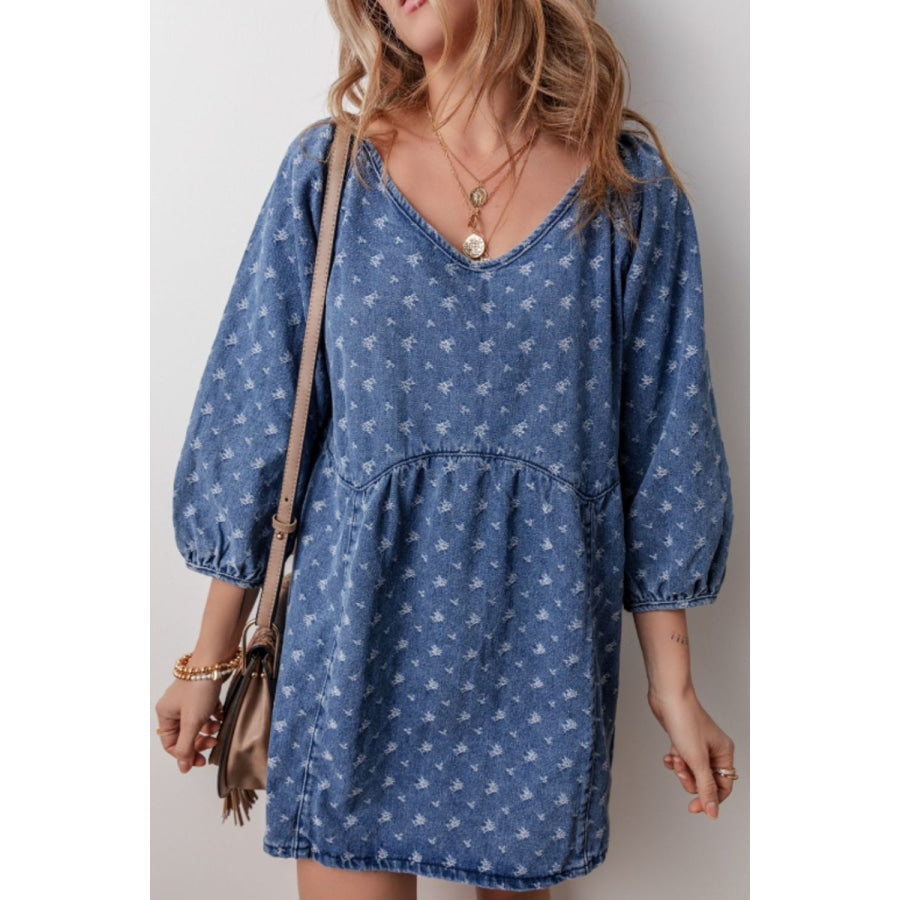 Tied V-Neck Three-Quarter Sleeve Denim Dress Medium / M Apparel and Accessories